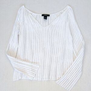 Express White Sheer Stripe Ribbed V-Neck Long Flair Sleeve Cotton Blouse Top L